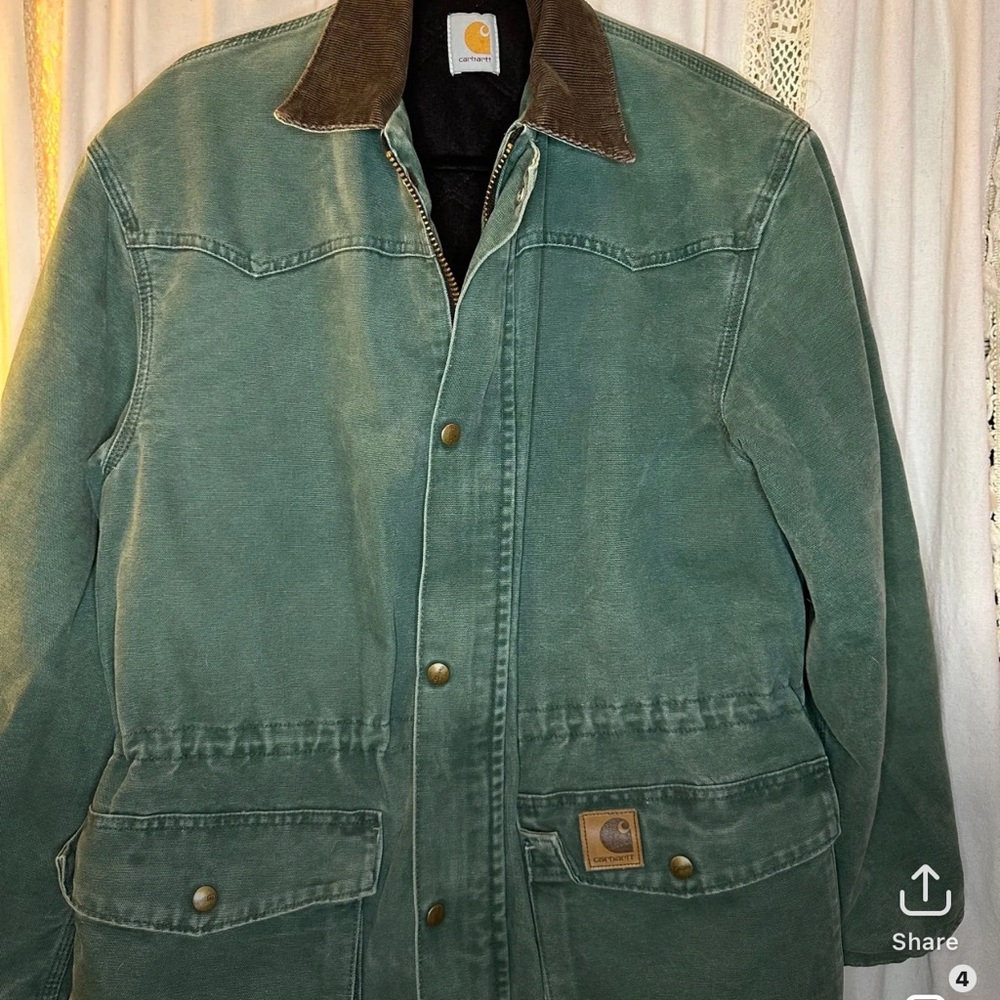 Carhartt Green Duck Canvas Jacket with Brown Corduroy Collar